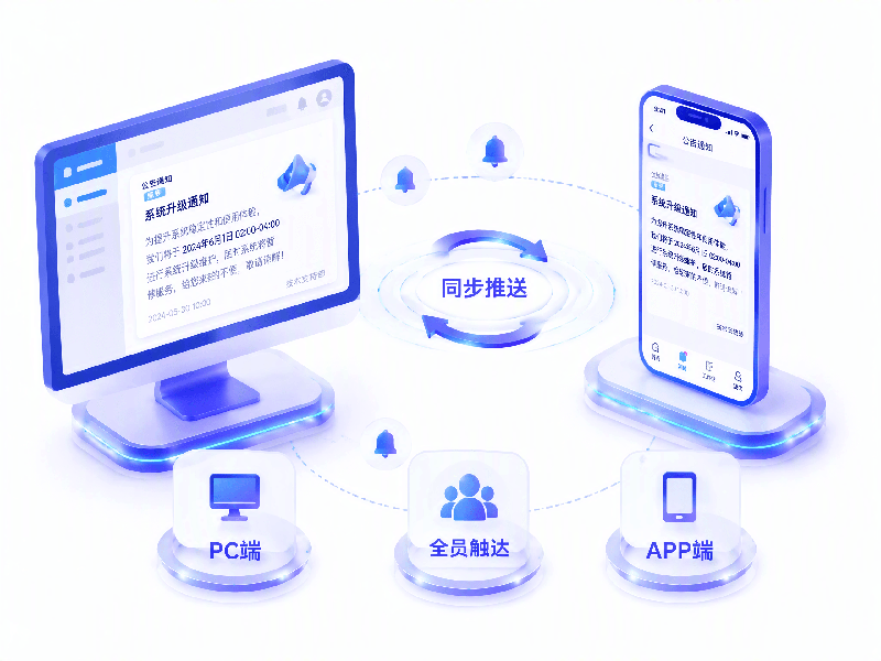 PC 端与 APP 端公告同步推送示意